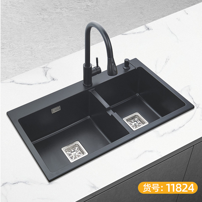 石英石水槽 双盆 黑色-11824
