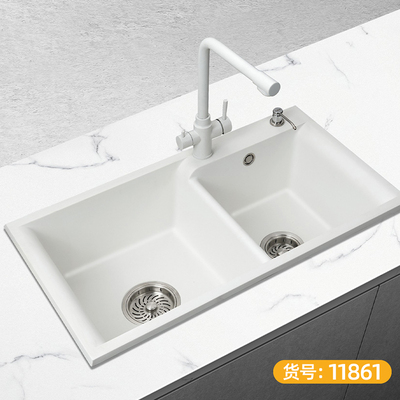 石英石水槽 双盆 白色-11816