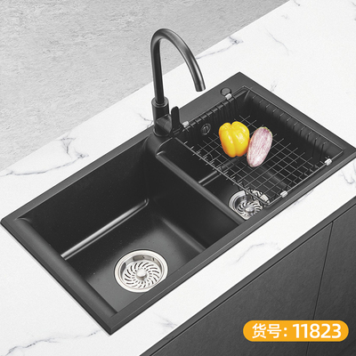 石英石水槽 双盆 黑色2-11823